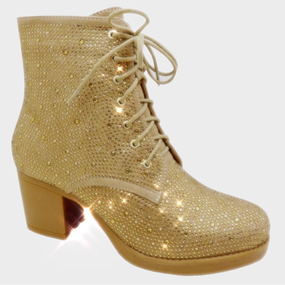 Size 10 11 Italina Tan Lace-Up Gold Rhinestone Embellished Heeled Combat Bootie
